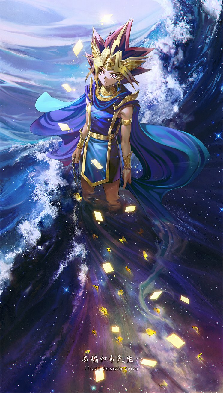 1boy armband armor atem blonde_hair cape card_(medium) collar crown dress earrings gauntlets highres jewelry kaze-hime looking_up male_focus multicolored_hair ocean pants redhead shoulder_armor skirt sleeveless solo spiky_hair stud_earrings takahashi_kazuki_(person) text_focus violet_eyes water waves wet wet_clothes yu-gi-oh!