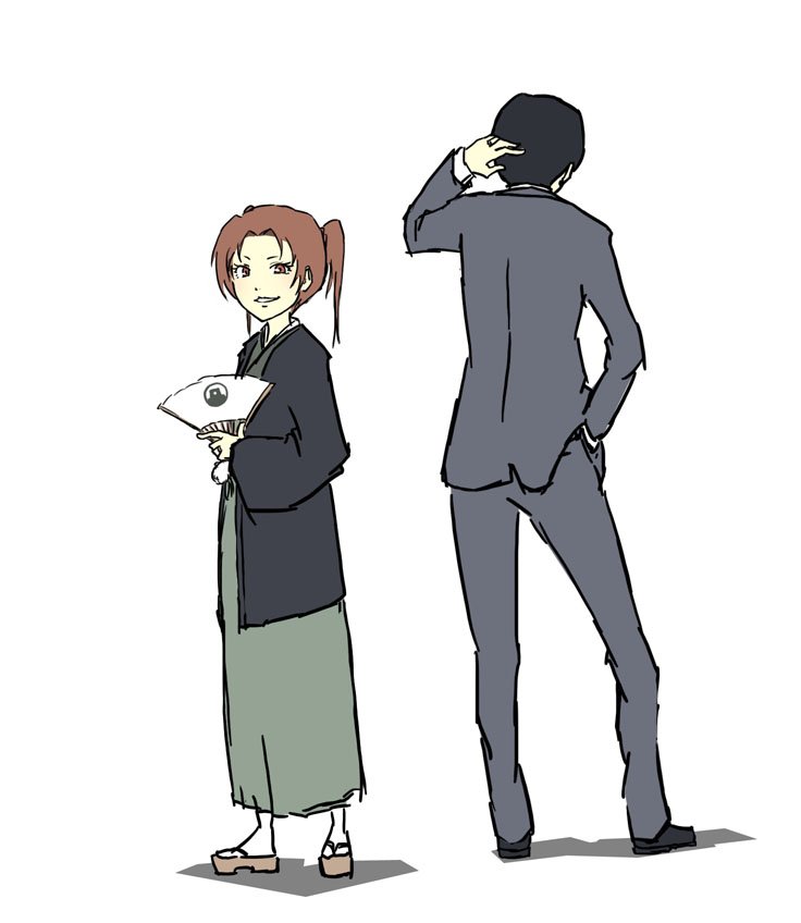 1boy 1girl alternate_costume alternate_universe arm_behind_head brown_eyes brown_hair commentary_request emblem formal from_behind girls_und_panzer green_kimono hand_fan hand_in_pocket holding holding_fan japanese_clothes japanese_tankery_league_(emblem) kimono older redhead run_the_9tails suit tsuji_renta twintails white_background