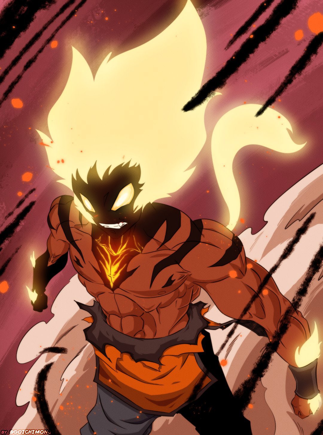 1boy abs alternate_form alternate_universe arm_hair blonde_hair clenched_hands dark-skinned_male dark_skin dragon_ball dragon_ball_(classic) english_commentary fang glowing glowing_eyes glowing_hair glowing_tail highres king_ajna legend:_a_dragon_ball_tale muscular muscular_male saviour_from_heaven solo son_goku spiky_hair super_saiyan teeth topless_male torn_clothes yellow_eyes