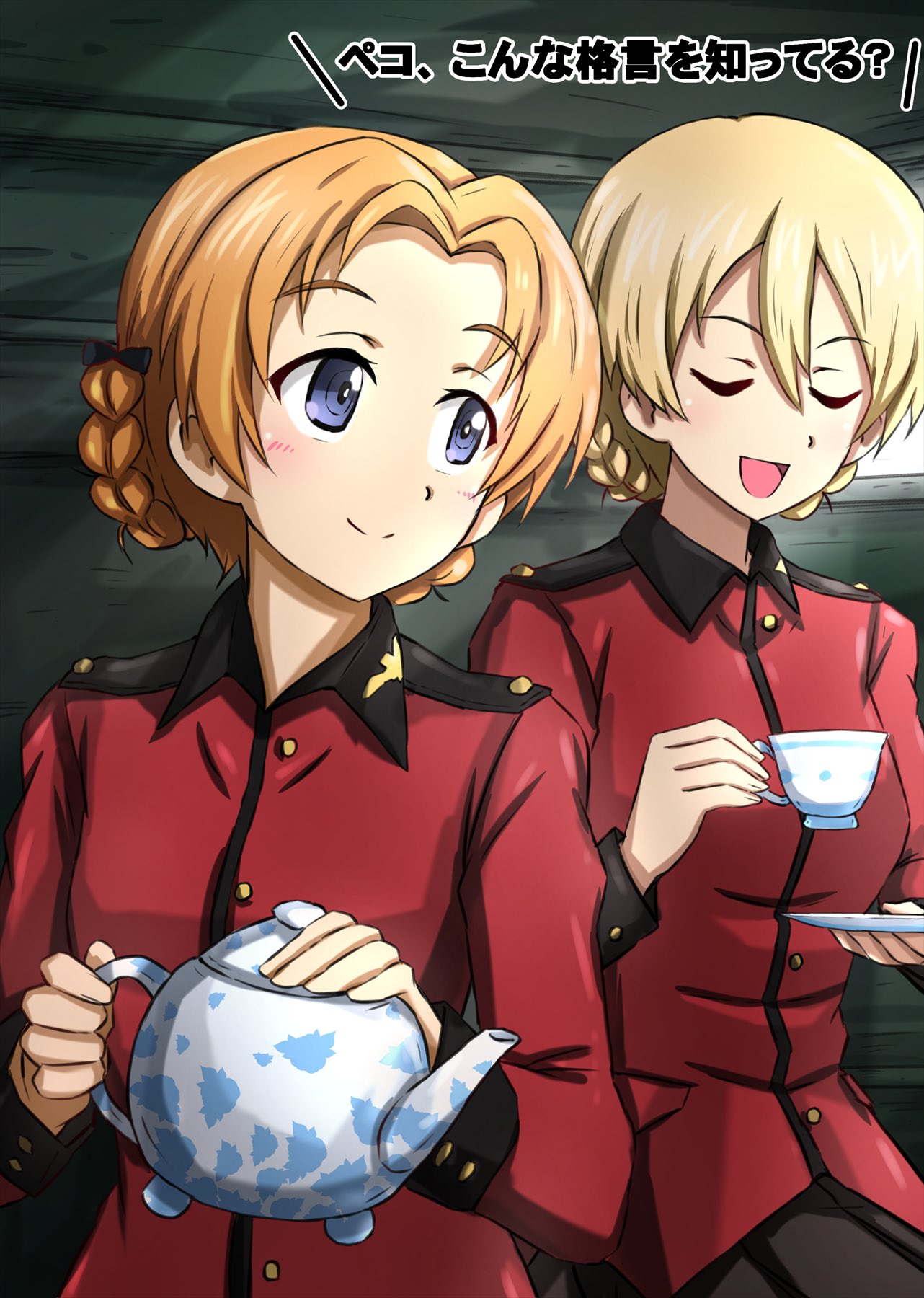 2girls black_ribbon blonde_hair blue_eyes blush braid closed_eyes cup darjeeling_(girls_und_panzer) girls_und_panzer highres holding holding_cup holding_tray indoors multiple_girls omachi_(slabco) orange_hair orange_pekoe_(girls_und_panzer) ribbon smile st._gloriana's_military_uniform teacup teapot translation_request tray