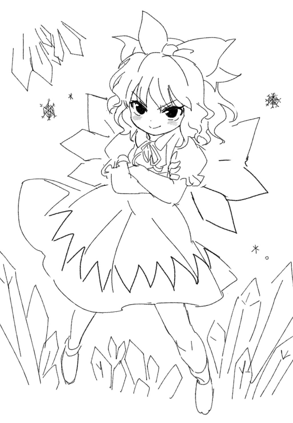 1girl ameyu_(rapon) blush bow cirno closed_mouth dress fairy frilled_sleeves frills full_body hair_bow highres ice ice_wings lineart puffy_short_sleeves puffy_sleeves shoes short_hair short_sleeves simple_background sketch smile snowflakes solo touhou white_background wings
