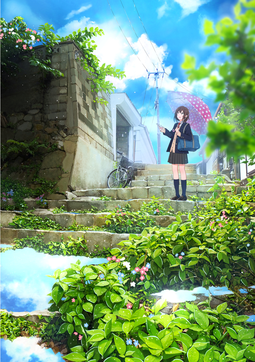 1girl bicycle black_socks blazer blue_jacket blue_sky brown_eyes brown_footwear brown_hair clouds commentary_request grey_skirt ground_vehicle highres holding holding_umbrella jacket loafers necktie original pleated_skirt power_lines puddle red_necktie reflection sakeharasu scenery school_uniform shirt shoes short_hair skirt sky socks solo stairs standing umbrella utility_pole white_shirt wide_shot