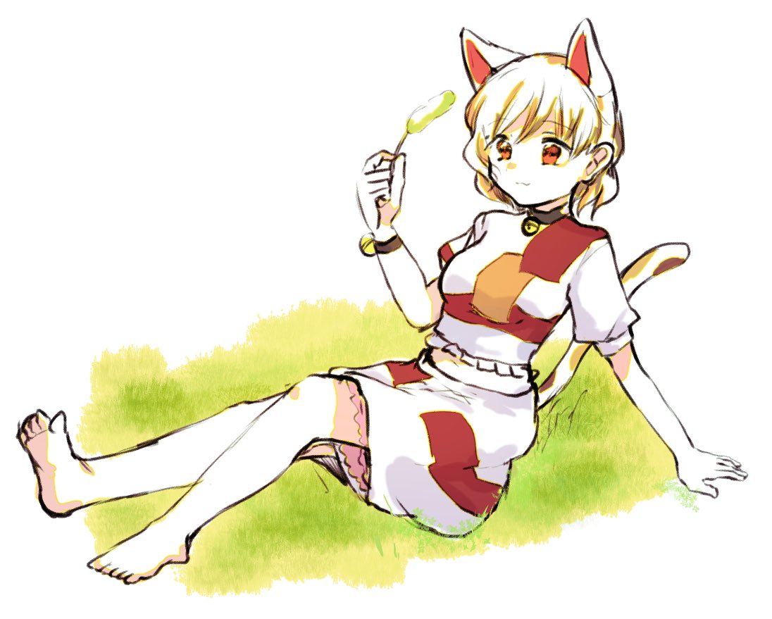 1girl :3 animal_ears arm_support bangs barefoot bell breasts calico cat_ears cat_girl cat_tail closed_mouth commentary_request crop_top feet goutokuji_mike jingle_bell medium_breasts medium_skirt midriff multicolored_clothes multicolored_hair multicolored_shirt multicolored_skirt multicolored_tail neck_bell orange_eyes patch patchwork_clothes short_hair sitting skirt smile soles solo streaked_hair syui_ko tail toes touhou white_hair