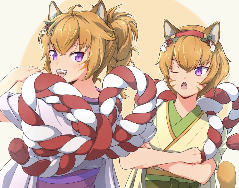 2girls :&lt; :3 ahoge animal_ears bangs bow braid braided_ponytail cat_ears cat_girl cat_tail commentary_request crossed_arms crossed_bangs facial_mark fangs fire_emblem fire_emblem_heroes from_behind green_bow green_kimono green_sash hair_between_eyes hair_ornament hairband hand_up japanese_clothes kimono layered_clothes layered_kimono lethe_(fire_emblem) looking_at_another looking_at_viewer looking_to_the_side lyre_(fire_emblem) medium_hair multiple_girls obi official_alternate_costume one_eye_closed open_mouth orange_hair orange_tail outline partial_commentary purple_kimono red_hairband rope rowan rowan_hair_ornament sash short_hair siblings sideways_glance simple_background single_braid sisters smile tail tail_raised teeth tekology two-tone_background upper_body upper_teeth violet_eyes whisker_markings white_background white_outline yellow_background