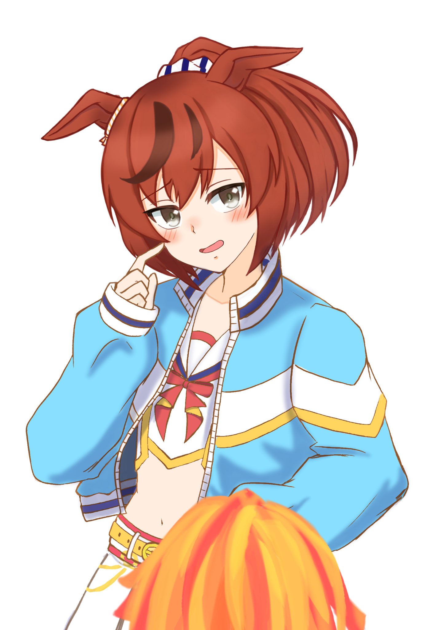 1girl animal_ears belt_buckle blue_jacket blush brown_hair buckle cheerleader commentary_request crop_top ears_down grey_eyes hand_up highres holding horse_ears jacket krtn_gameac long_sleeves looking_at_viewer midriff multicolored_hair navel nervous_smile nice_nature_(run&amp;win)_(umamusume) nice_nature_(umamusume) open_clothes open_jacket open_mouth pleated_skirt pom_pom_(cheerleading) ponytail puffy_long_sleeves puffy_sleeves roar_yell!_tracen_academy_cheerleading_squad_(umamusume) scratching_cheek shirt simple_background skirt sleeves_past_wrists solo streaked_hair umamusume white_background white_shirt white_skirt yellow_belt