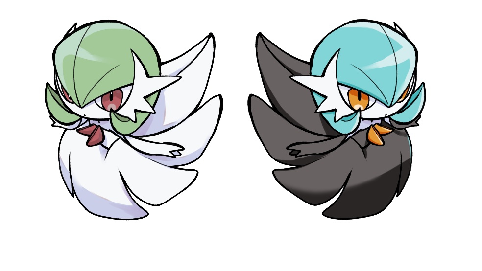 2girls 4shiki alternate_color bangs black_dress black_gloves blue_hair bob_cut chibi closed_mouth colored_skin commentary_request dot_mouth dress elbow_gloves expressionless flat_chest from_above full_body gardevoir gloves green_hair hair_between_eyes looking_at_viewer looking_up mega_gardevoir mega_pokemon multiple_girls orange_eyes partial_commentary pokemon pokemon_(creature) red_eyes shiny shiny_hair shiny_pokemon short_hair simple_background standing strapless strapless_dress symmetry white_background white_dress white_gloves white_skin