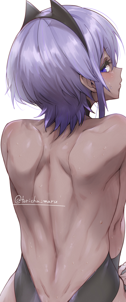 1girl back backless_outfit bare_back black_hairband black_leotard dark-skinned_female dark_skin fate/grand_order fate/prototype fate/prototype:_fragments_of_blue_and_silver fate_(series) from_behind hairband hassan_of_serenity_(fate) leotard looking_at_viewer looking_back purple_hair short_hair solo torichamaru very_dark_skin violet_eyes