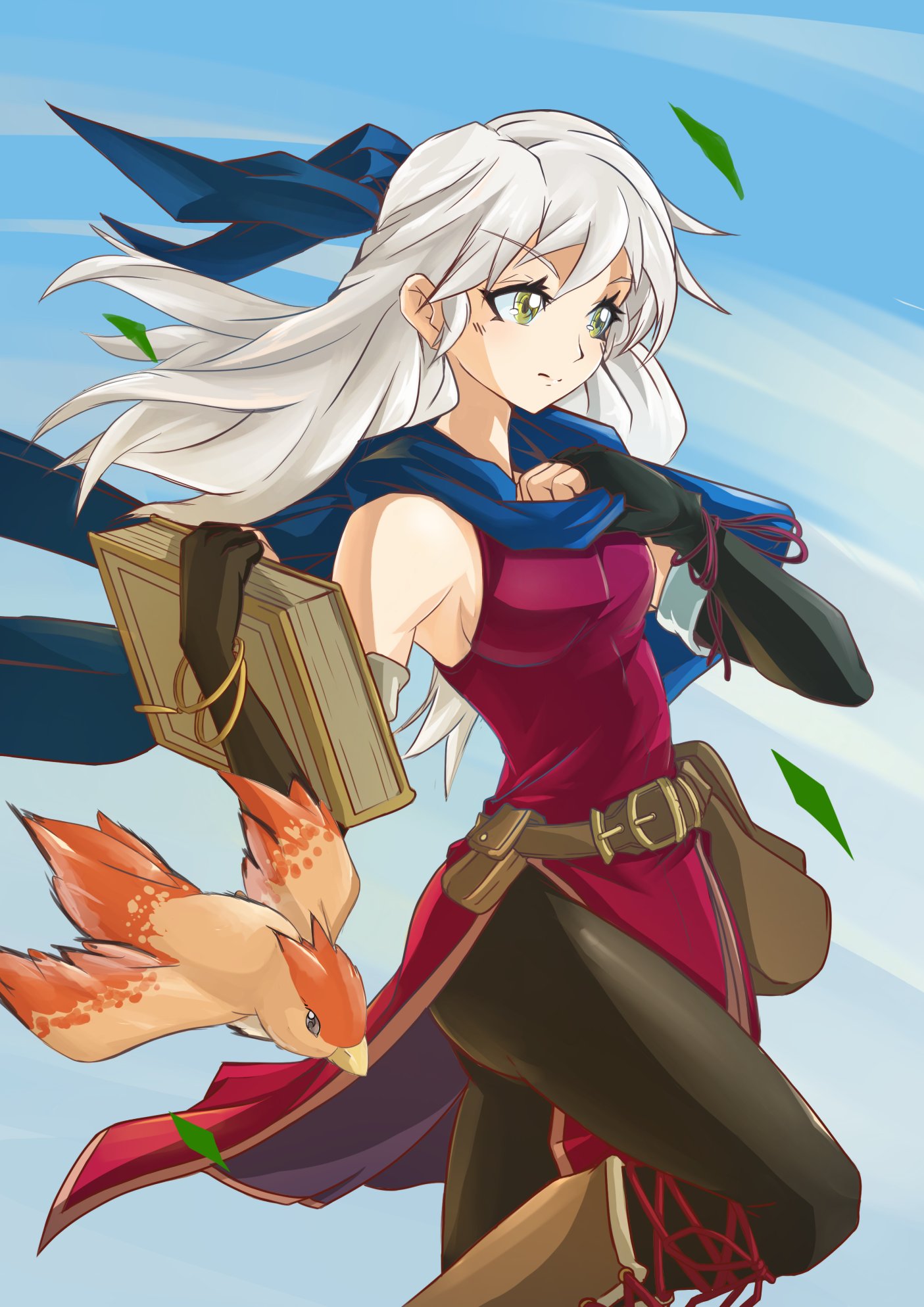 1girl bangs bare_shoulders belt bird black_gloves black_legwear blue_scarf boots bracelet breasts deekei dress elbow_gloves falling_leaves fingerless_gloves fire_emblem fire_emblem:_radiant_dawn gloves grey_hair hair_ribbon highres jewelry leaf leggings long_hair looking_away micaiah_(fire_emblem) ribbon scarf side_slit sideboob sleeveless sleeveless_dress solo yellow_eyes yune_(fire_emblem)