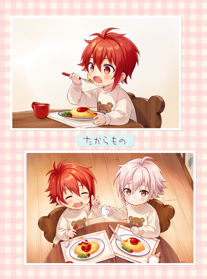 2boys brown_eyes chair child eating food glass idolish_7 ima_(luce365) kujou_tenn long_sleeves looking_at_viewer male_child male_focus multiple_boys nanase_riku omurice open_mouth plate red_eyes redhead short_hair smile spoon table translation_request white_hair wooden_chair wooden_table younger