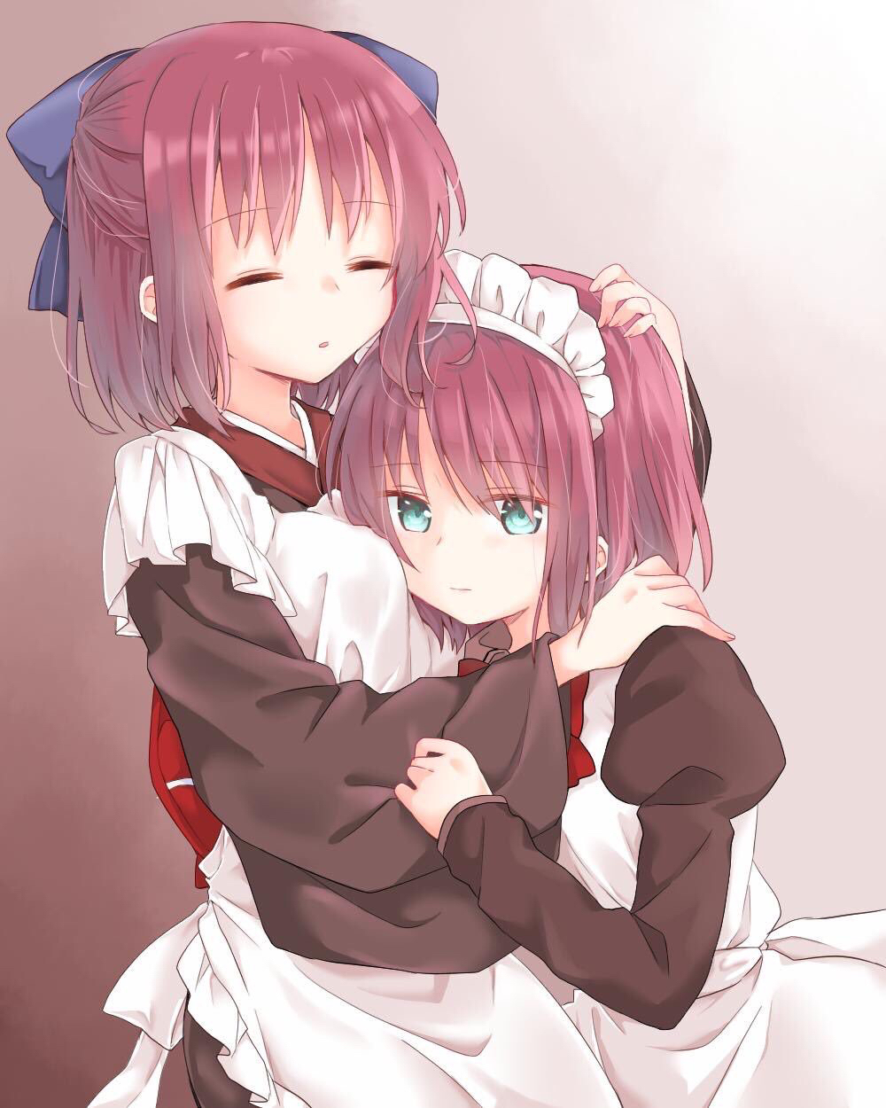 2girls apron aqua_eyes blue_bow bow bowtie brown_dress brown_kimono closed_eyes closed_mouth commentary_request dress expressionless half_updo hand_on_another's_head hand_on_another's_shoulder head_on_chest highres hisui_(tsukihime) hug japanese_clothes juliet_sleeves kimono kohaku_(tsukihime) long_sleeves maid maid_apron maid_headdress multiple_girls puffy_sleeves red_bow redhead short_hair siblings sisters sleeping tanka_kikurage tsukihime twins wa_maid white_apron wide_sleeves