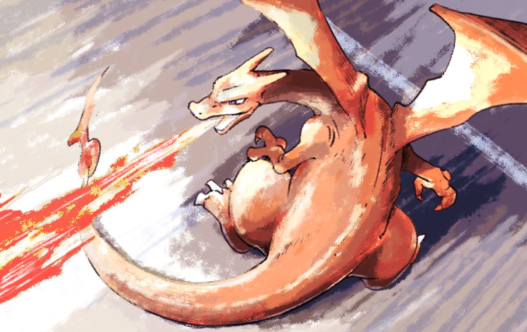 breathing_fire charizard claws commentary_request fire flame-tipped_tail from_above looking_back mukiguri no_humans open_mouth pokemon pokemon_(creature) standing