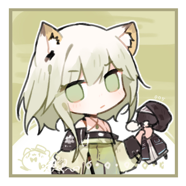 1girl animal_ears arknights bare_shoulders border cat_ears cat_girl character_doll chibi criss-cross_halter doctor_(arknights) doll dress green_background green_dress hair_between_eyes halterneck holding holding_doll kal'tsit_(arknights) long_sleeves looking_at_viewer off-shoulder_dress off_shoulder renren short_hair simple_background solo upper_body white_border