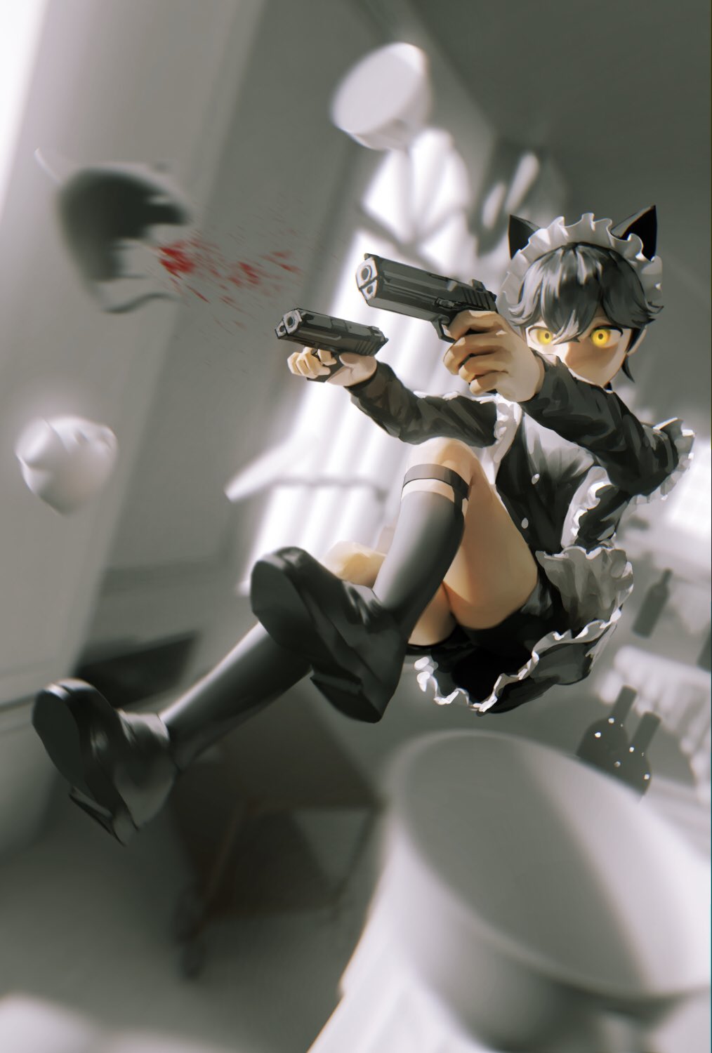 1boy animal_ears bishounen black_hair blood blurry blurry_background bowl cat_boy cat_ears commentary_request dual_wielding fake_animal_ears full_body gun handgun highres holding indoors ishida_(segu_ishida) jumping maid male_focus mouse original shoes short_hair shorts solo table tablecloth thigh-highs thigh_gap thigh_strap thighs weapon yellow_eyes