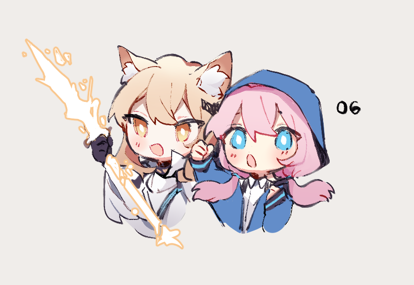 2girls animal_ear_fluff animal_ears arknights arm_up black_gloves blonde_hair blue_eyes blue_jacket blue_poison_(arknights) dailybloopy gloves hood hood_up jacket long_hair low_twintails multiple_girls nearl_(arknights) nearl_the_radiant_knight_(arknights) open_mouth pink_hair shirt suspenders twintails white_shirt yellow_eyes