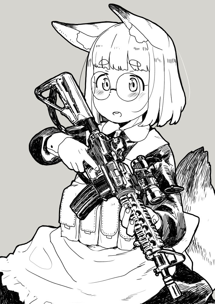 1girl animal_ear_fluff animal_ears apron ar-15 assault_rifle bangs blush collared_dress dress frilled_apron frills glasses greyscale gun holding holding_gun holding_weapon long_sleeves looking_at_viewer matsuda_kouta monochrome original parted_lips rifle round_eyewear scope short_eyebrows short_hair solo tail thick_eyebrows trigger_discipline weapon