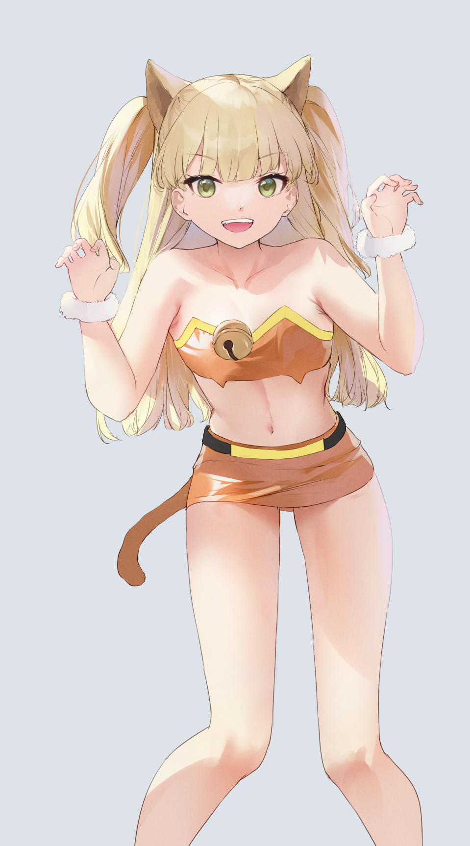 1girl :d animal_ears bare_legs bare_shoulders bell blonde_hair claw_pose crop_top extra_ears green_eyes hands_up happy highres idolmaster idolmaster_cinderella_girls jougasaki_rika leaning_forward legs legs_apart lion_ears lion_girl lion_tail long_hair looking_at_viewer midriff miniskirt navel orange_skirt pepeo simple_background skirt sleeveless smile solo standing stomach tail teeth thighs two_side_up upper_teeth very_long_hair