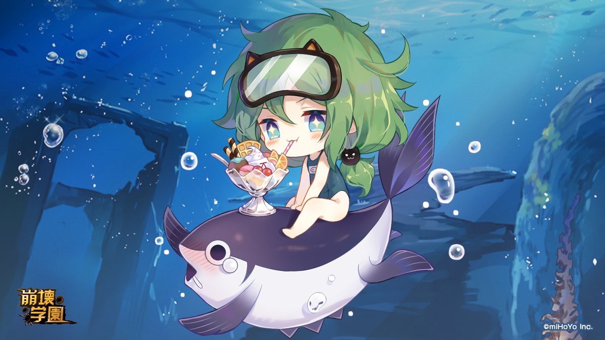 +_+ 1girl bangs benghuai_xueyuan blue_swimsuit chibi closed_mouth drinking drinking_straw fish food fruit full_body glass goggles goggles_on_head green_eyes green_hair honkai_(series) ice_cream official_art one-piece_swimsuit side_ponytail smile solo strawberry sundae swimsuit underwater water yssring_leavtruth