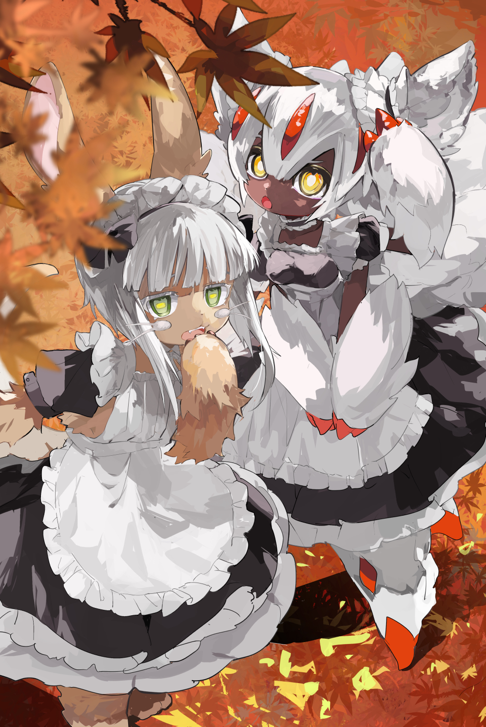 1girl 1other :o alternate_costume animal_ears apron arm_up autumn_leaves bangs barefoot black_bow black_dress black_hair blunt_bangs bob_cut bow breasts bright_pupils brown_fur choker claws commentary_request dark-skinned_female dark_skin detached_collar dress enmaided extra_arms fangs faputa fewer_digits frilled_apron frilled_choker frilled_dress frills furry green_eyes grey_hair hair_between_eyes hand_to_own_mouth highres horizontal_pupils ichi_(two_too_22) inverted_bob leaf leaning_forward legs_apart looking_at_viewer made_in_abyss maid medium_hair multiple_tails nanachi_(made_in_abyss) neck_ribbon open_mouth orange_background puffy_short_sleeves puffy_sleeves ribbon short_sleeves small_breasts standing tail teeth upper_teeth v_arms very_dark_skin whiskers white_apron white_fur white_hair white_pupils white_ribbon yellow_eyes yellow_pupils