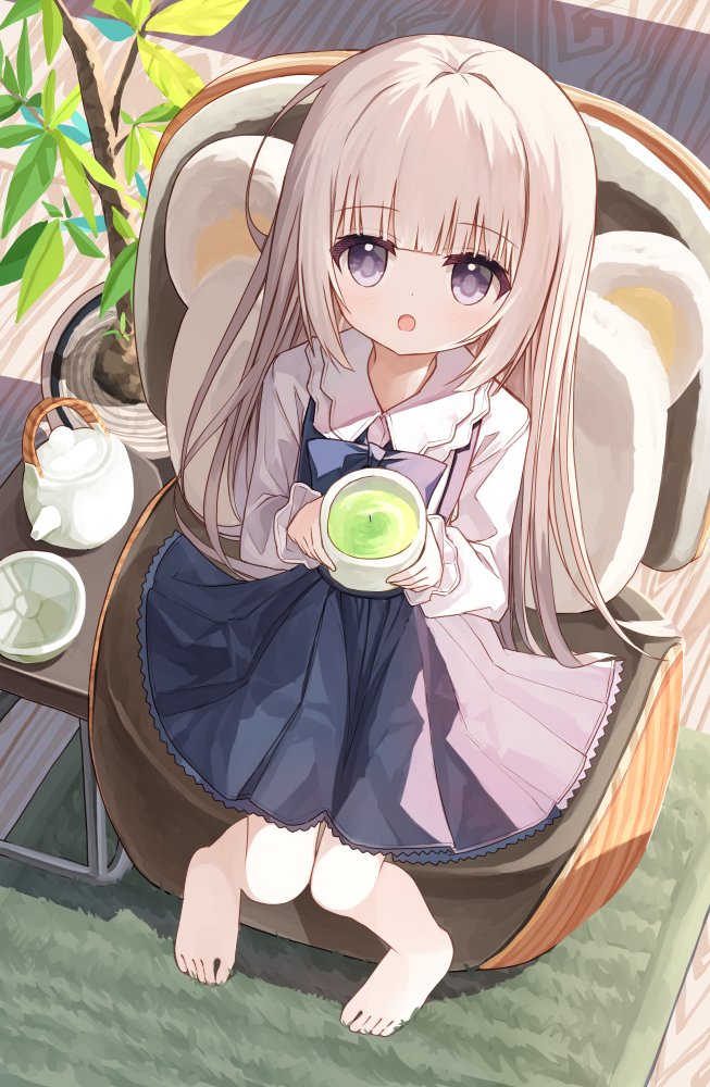 1girl :o bangs barefoot blue_bow blue_dress bow brown_hair collared_shirt commentary_request cup dress from_above full_body grey_eyes healer_girl_(yuuhagi_(amaretto-no-natsu)) holding holding_cup knees_together_feet_apart long_hair long_sleeves looking_at_viewer looking_up open_mouth original shirt sitting sleeveless sleeveless_dress solo tea tea_stalk teapot very_long_hair white_shirt yuuhagi_(amaretto-no-natsu)