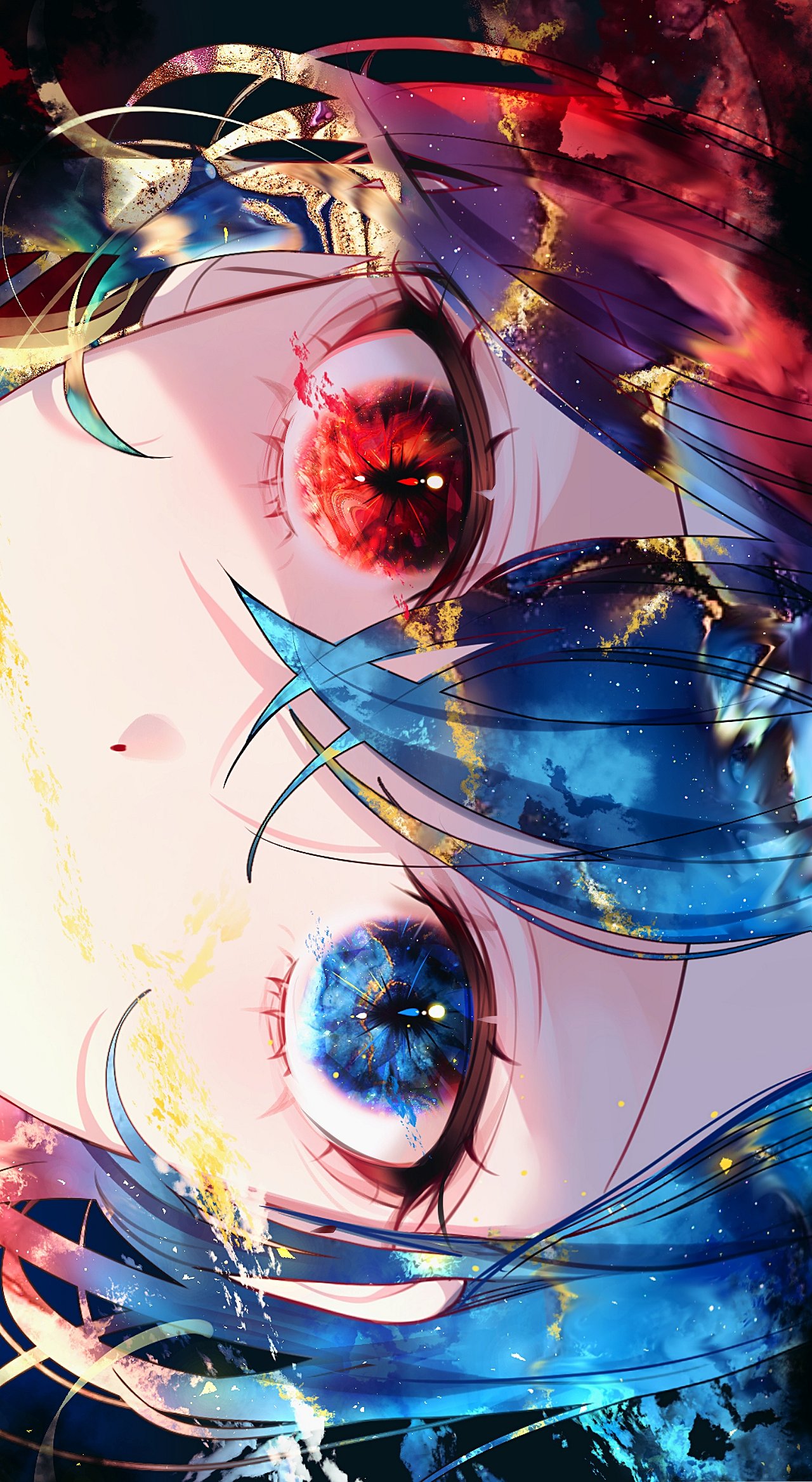 1girl bangs blue_eyes blue_hair blue_sclera close-up clouds colored_sclera dot_nose eyebrows_behind_hair eyelashes gradient_hair highres looking_at_viewer moon_so_00 multicolored_hair original purple_hair red_eyes red_sclera redhead reflection short_hair solo sunlight