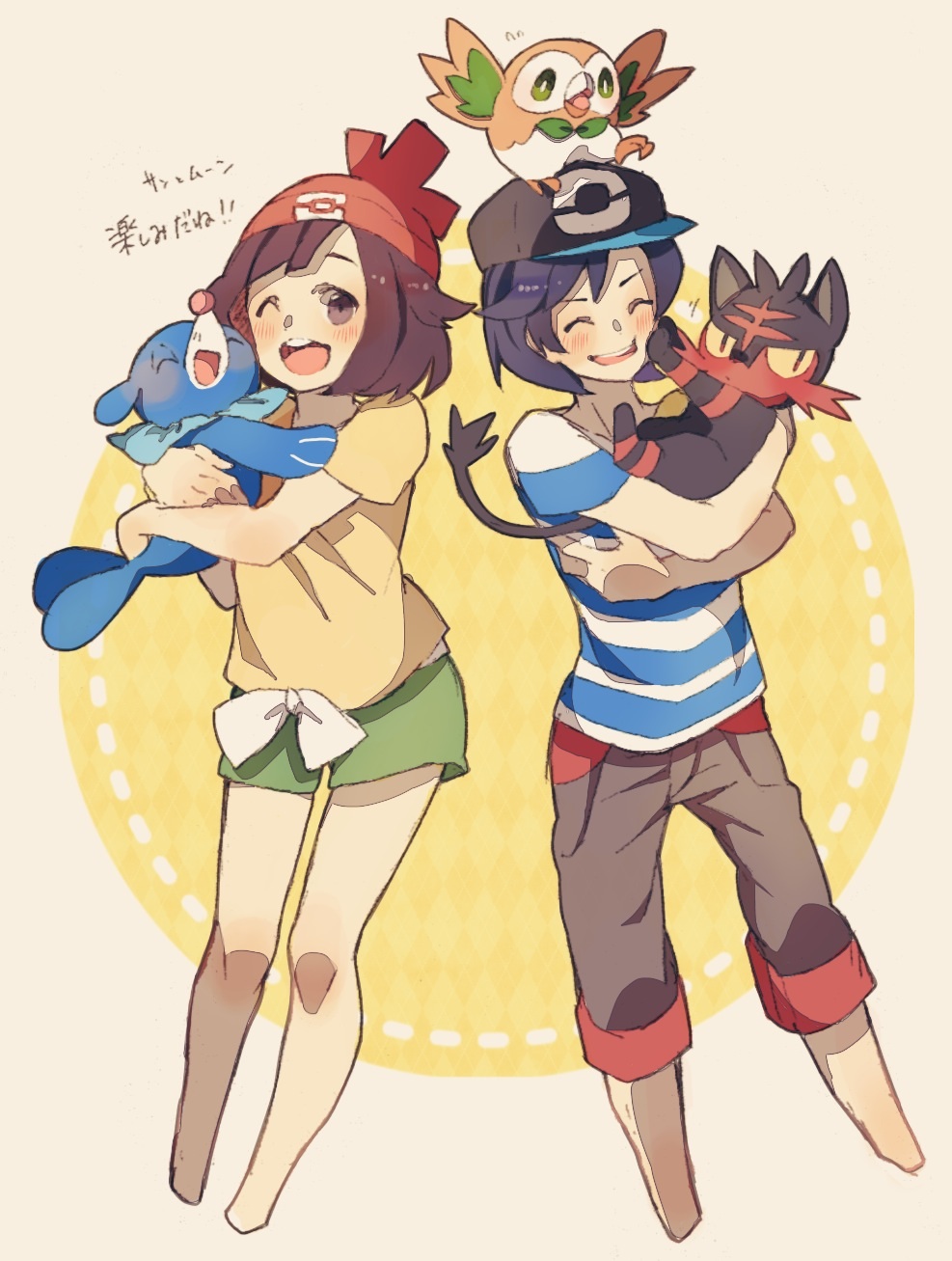 1boy 1girl aoya_(ayoyame18) baseball_cap beanie black_hair cargo_pants elio_(pokemon) hat highres litten pants poke_ball_symbol pokemon pokemon_(creature) pokemon_(game) pokemon_sm popplio red_headwear rowlet selene_(pokemon) shirt short_shorts shorts t-shirt two-tone_shirt