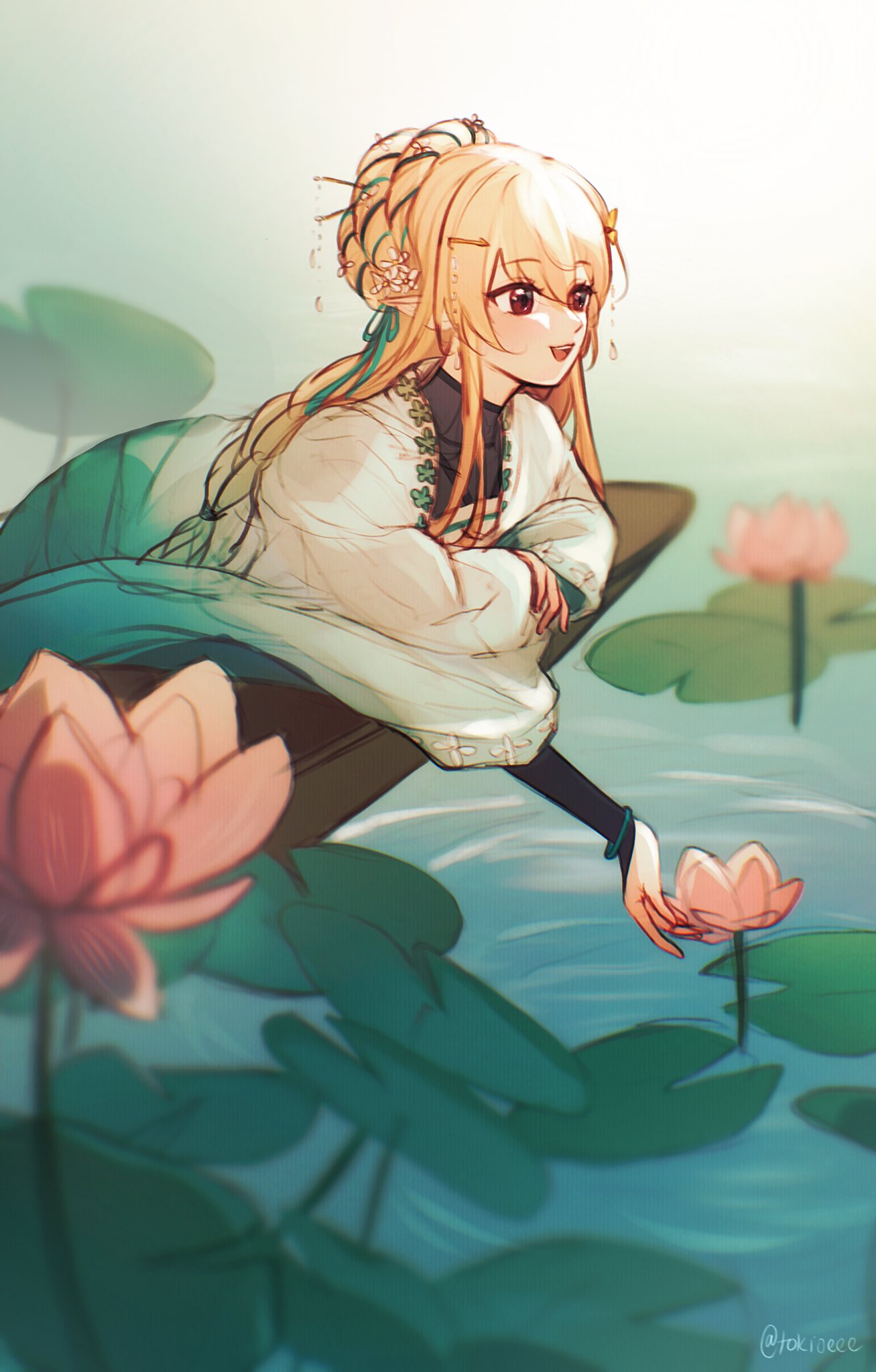 1girl black_halter_top blonde_hair blush brown_eyes butterfly_hair_ornament chinese_clothes dress flower gradient_dress green_dress green_ribbon hair_ornament hair_ribbon halter_top halterneck hanfu highres long_hair long_sleeves looking_afar lotus multicolored_eyes nijisanji nijisanji_en open_mouth pointy_ears pomu_rainpuff pond red_eyes ribbon signature smile solo tokitokiee twitter_username virtual_youtuber water white_dress