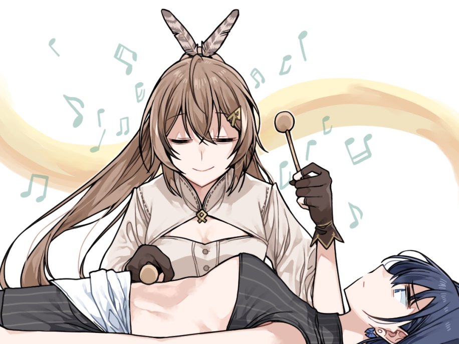 2girls ahoge blue_eyes blue_hair breasts brown_gloves brown_hair cleavage_cutout clipe closed_eyes clothing_cutout commentary crop_top ear_piercing feather_hair_ornament feathers gloves hair_ornament hairclip hololive hololive_english jitome long_hair mallet_(instrument) medium_breasts multiple_girls musical_note nanashi_mumei navel ouro_kronii piercing ponytail short_hair under_boob virtual_youtuber