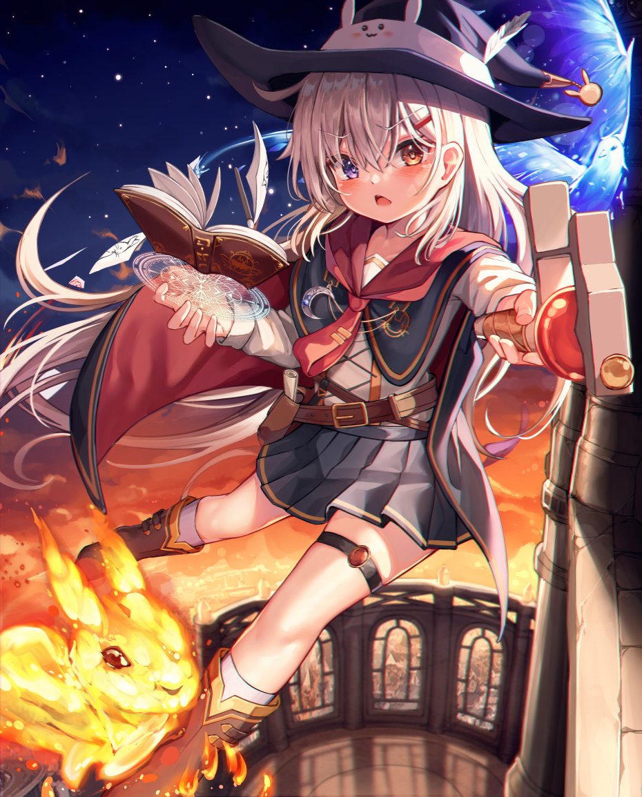 1girl :3 belt blush book bunny_tail cape child heterochromia highres long_hair looking_at_viewer magic magic_circle open_mouth orange_eyes outdoors rabbit_ears shoes short_shorts socks staff thighs violet_eyes white_hair witch witch_hat