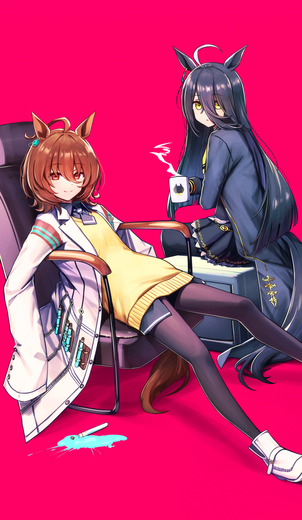 2girls agnes_tachyon_(umamusume) ahoge animal_ears bangs black_hair brown_hair chair closed_mouth coat coffee_mug cup deadnooodles hair_between_eyes highres holding holding_cup horse_ears horse_girl horse_tail labcoat long_hair long_sleeves looking_at_viewer manhattan_cafe_(umamusume) mug multiple_girls on_chair orange_eyes pantyhose parted_lips pink_background reclining shoes short_hair simple_background sitting skirt sleeves_past_fingers sleeves_past_wrists smile sweater tail test_tube umamusume white_coat white_footwear yellow_eyes yellow_sweater