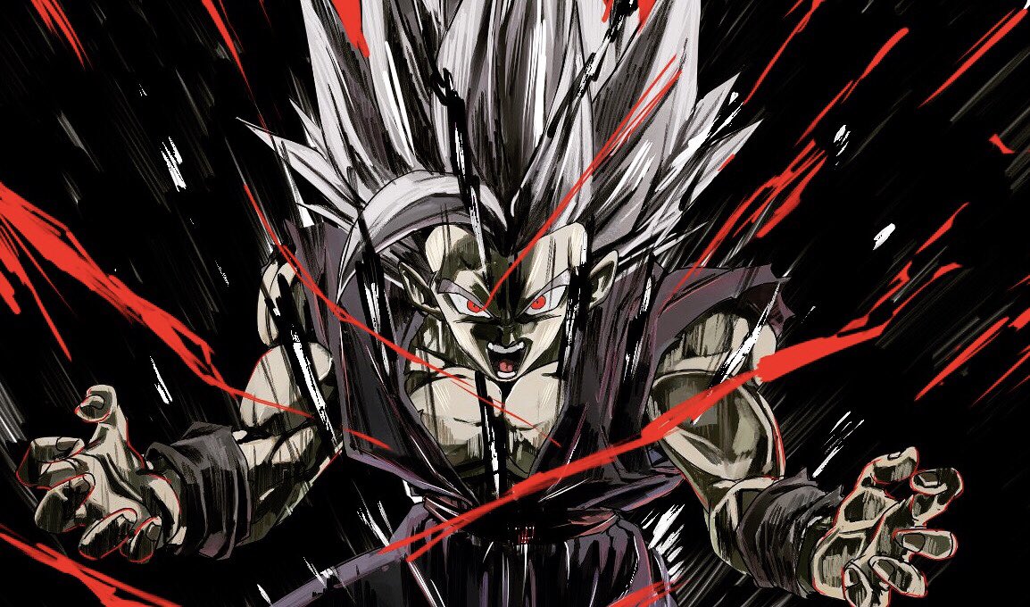 1boy angry belt biceps dougi dragon_ball dragon_ball_z electricity hakama japanese_clothes karate_gi long_hair looking_at_viewer male_focus mire1931 muscular muscular_male open_mouth pectoral_cleavage pectorals red_eyes shouting sleeveless solo son_gohan sparks spiky_hair teeth thick_arms thick_eyebrows tongue torn_clothes white_hair wristband