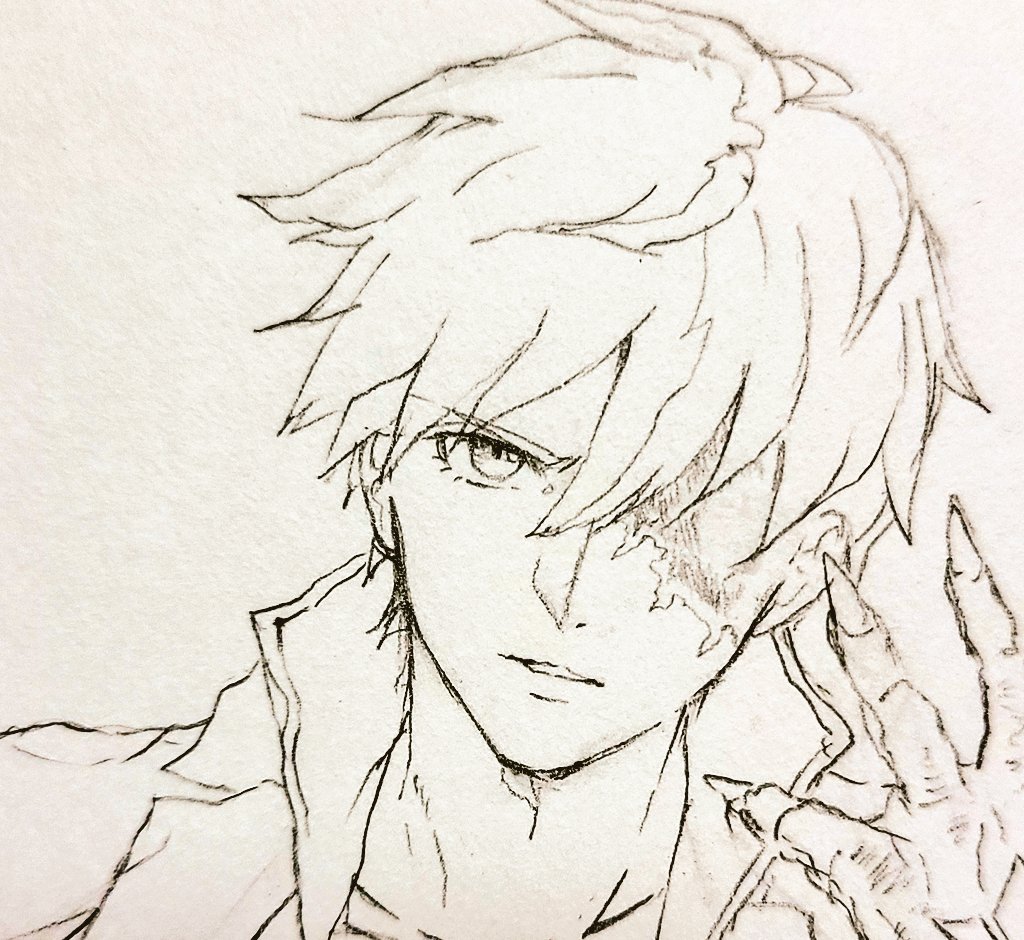 1boy dragon_install ebi_pri_shrimp face fingernails grey_background guilty_gear guilty_gear_strive hair_between_eyes ky_kiske long_fingernails male_focus monochrome parted_lips sketch solo traditional_media upper_body very_long_fingernails