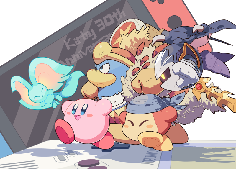 anniversary bandana_waddle_dee bat_wings belt black_skin blue_skin blush cape closed_eyes colored_skin elfilin flying game_boy gloves glowing glowing_eyes green_fur half-closed_eyes hammer handheld_game_console happy hat king_dedede kirby kirby_(series) kirby_and_the_forgotten_land mask meta_knight mutekyan nintendo_switch open_mouth pink_skin red_skin star_(symbol) sword tongue walking weapon wings