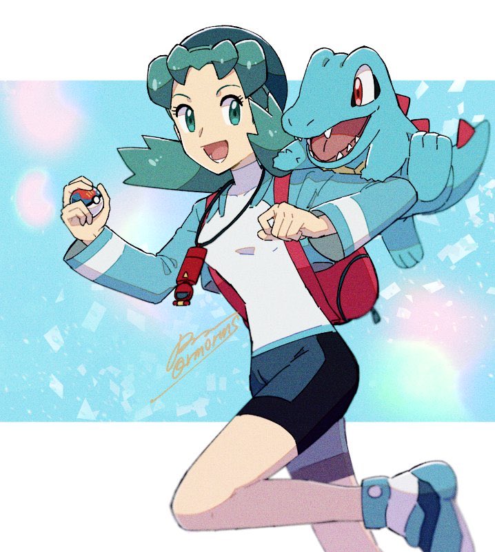 1girl :d alternate_color aqua_eyes aqua_hair backpack bag bangs bike_shorts blue_footwear blue_headwear blue_jacket blue_shorts breasts cropped_jacket eyelashes hat holding_strap jacket kris_(pokemon) looking_at_another multicolored_background pokegear pokemon pokemon_(game) pokemon_masters_ex red_bag running sagemaru-br shirt shorts signature small_breasts smile totodile twintails white_shirt