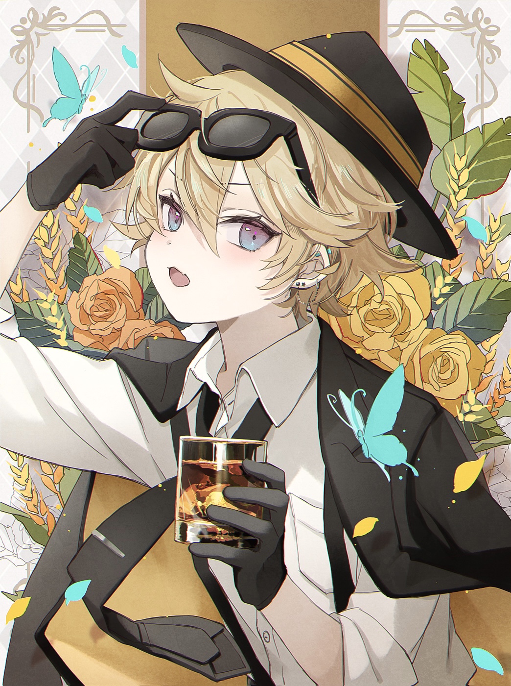 1boy alcohol blonde_hair blue_eyes bug butterfly facing_to_the_side floral_background flower glass gloves gradient_eyes highres looking_at_viewer male_focus multicolored_eyes namiki_itsuki open_mouth original rose short_hair smile solo sunglasses violet_eyes yellow_flower yellow_rose