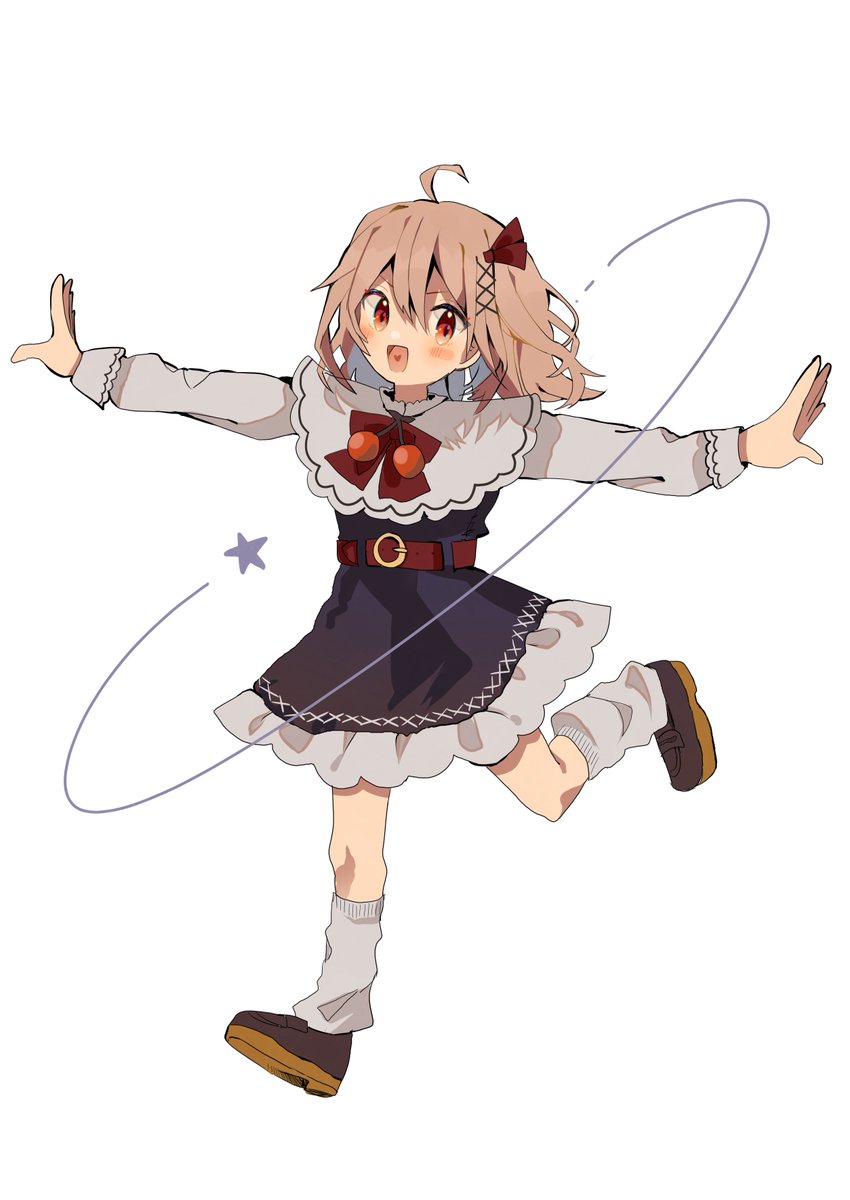 1girl adapted_costume ahoge ankle_socks belt black_dress blonde_hair blush capelet dress frilled_dress frills full_body hair_between_eyes highres long_sleeves looking_at_viewer medium_hair necktie open_mouth outstretched_arms red_eyes red_necktie rumia running shirt socks solo spread_arms star_(symbol) tamagogayu1998 touhou white_background white_shirt