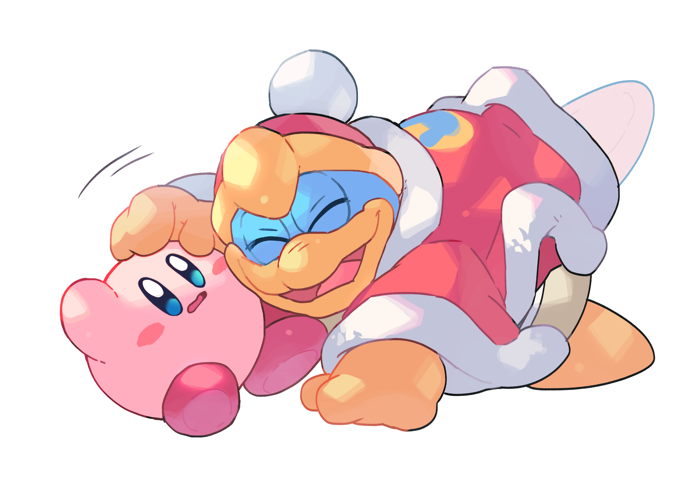 blue_skin blush cape closed_eyes colored_skin falling gloves hand_on_another's_head happy hat hug king_dedede kirby kirby_(series) lying lying_on_person mutekyan on_back open_mouth simple_background smile tongue white_background worried