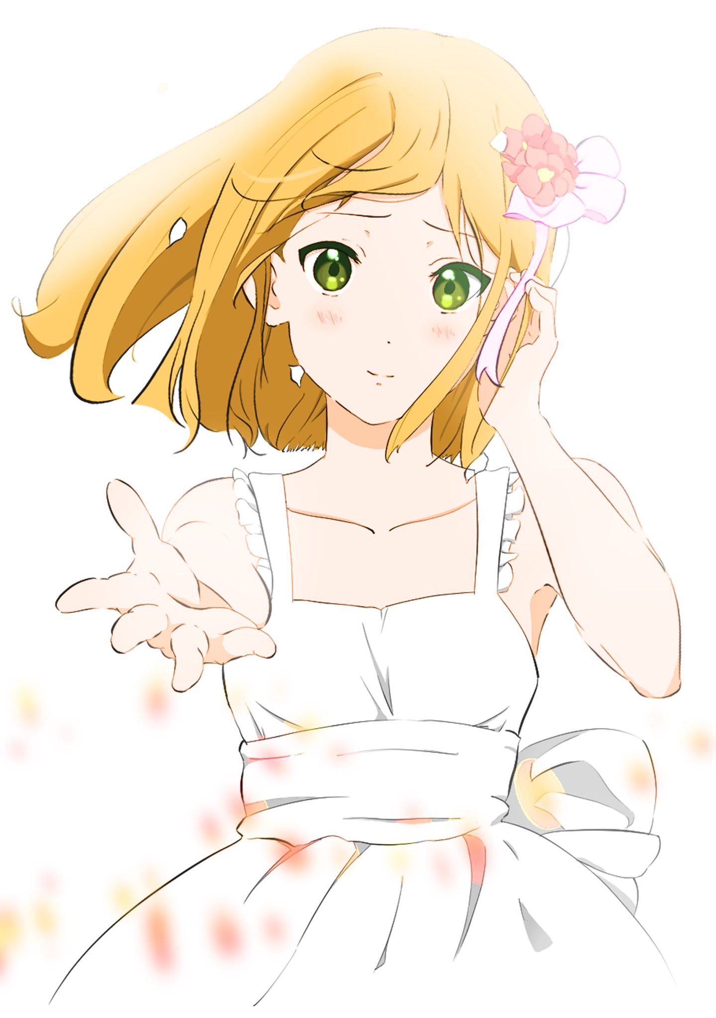 1girl bangs bare_shoulders blonde_hair blush bow closed_mouth collarbone dress flower frilled_dress frills green_eyes hair_bow hair_flower hair_ornament hand_up highres looking_at_viewer outstretched_arm pink_bow red_flower short_hair sleeveless sleeveless_dress solo sososososo_1729 tamako_market tokiwa_midori white_background white_dress