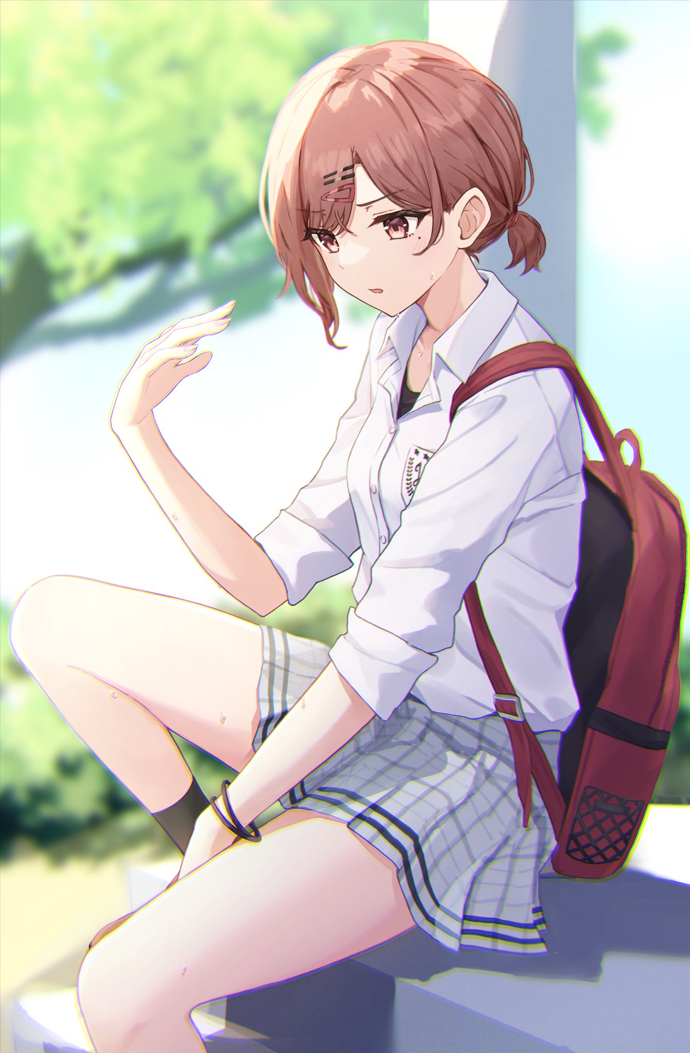 1girl backpack bag bare_legs blurry blurry_background bracelet brown_hair fanning_face fanning_self grey_skirt hair_ornament hairclip hairpin highres higuchi_madoka hot idolmaster idolmaster_shiny_colors jewelry knee_up looking_down mole mole_under_eye on_stairs outdoors plaid plaid_skirt pleated_skirt red_eyes school_uniform shirt short_ponytail sitting skirt solo sweatdrop white_shirt yazi114