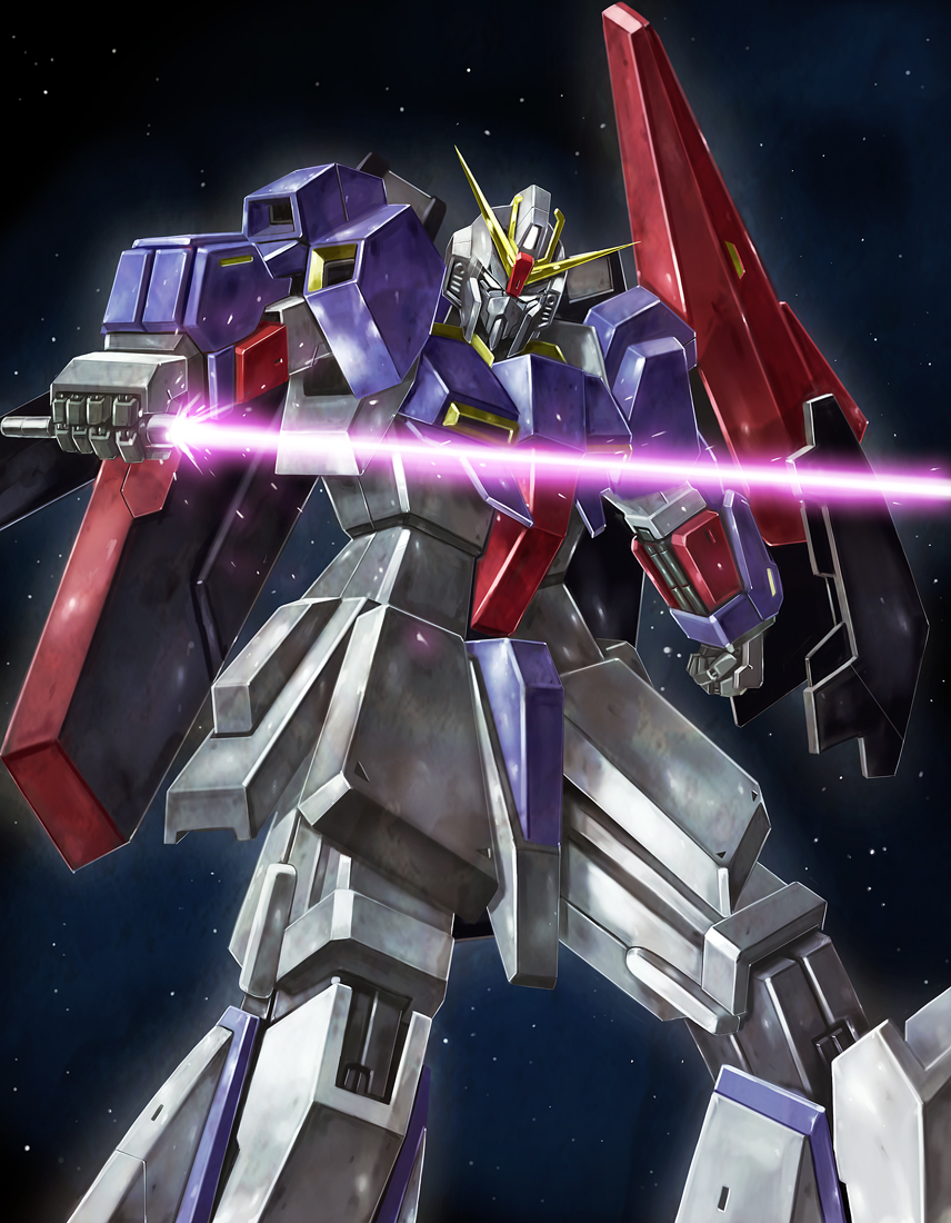 asaba_naoto beam_rifle blue_eyes clenched_hand energy_gun gundam holding holding_sword holding_weapon looking_at_viewer mecha mobile_suit no_humans robot science_fiction shield solo space sword v-fin weapon zeta_gundam zeta_gundam_(mobile_suit)