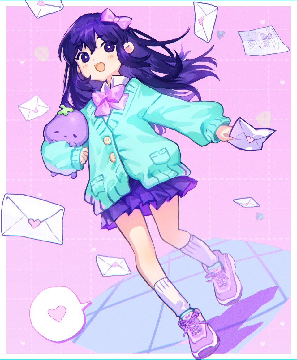 aubrey_(omori) bow bright_pupils collared_shirt envelope hair_behind_ear heart holding holding_envelope looking_to_the_side omori purple_bow purple_footwear purple_hair purple_skirt shionty shirt shoes skirt smile sneakers speech_bubble violet_eyes white_pupils white_shirt