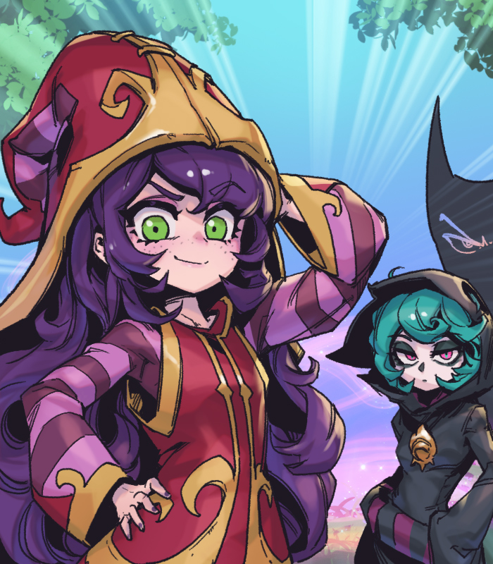 2girls alternate_ears arm_up bangs black_hoodie black_nails breasts closed_mouth dress freckles green_eyes green_hair hand_on_hip hat hood hood_up hoodie humanization large_hat league_of_legends long_hair long_sleeves looking_at_viewer lulu_(league_of_legends) multicolored_background multiple_girls nail_polish phantom_ix_row pink_eyes purple_hair red_dress red_headwear red_sleeves short_hair small_breasts smile striped_sleeves swept_bangs symbol-only_commentary vex_(league_of_legends) vex_shadow_(league_of_legends) wide_sleeves witch_hat