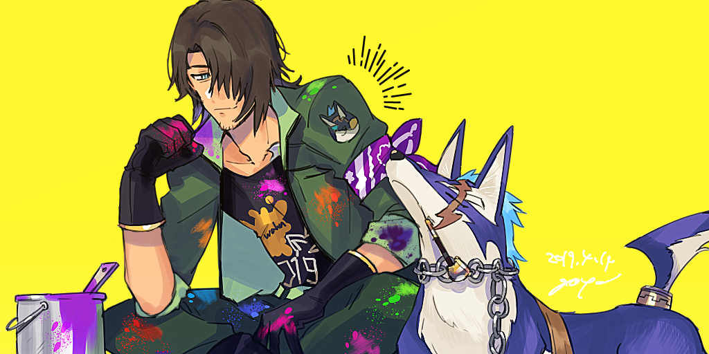 1boy bandana black_hair blue_eyes blue_fur chain dog gloves goya_(xalbino) hair_over_one_eye kiseru long_hair male_focus paint paint_stains pointy_ears ponytail repede_(tales) scar scar_across_eye schwann_oltorain short_hair smile smoking_pipe tales_of_(series) tales_of_vesperia