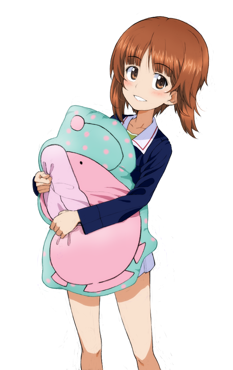 1girl anglerfish bangs blue_jacket brown_eyes brown_hair commentary emblem girls_und_panzer highres holding holding_pillow jacket kayabakoro long_sleeves looking_at_viewer military military_uniform miniskirt nishizumi_miho ooarai_military_uniform open_mouth pillow pleated_skirt reference_request short_hair simple_background skirt smile solo standing uniform white_background white_skirt
