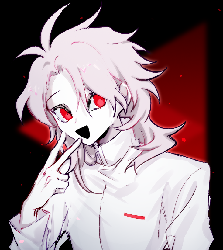 1boy :d antenna_hair chinese_commentary commentary_request dice156 eyebrows_behind_hair hatsutori_hajime long_hair long_sleeves male_focus multicolored_background open_mouth pink_hair red_eyes saibou_shinkyoku shirt smile solo upper_body v white_shirt