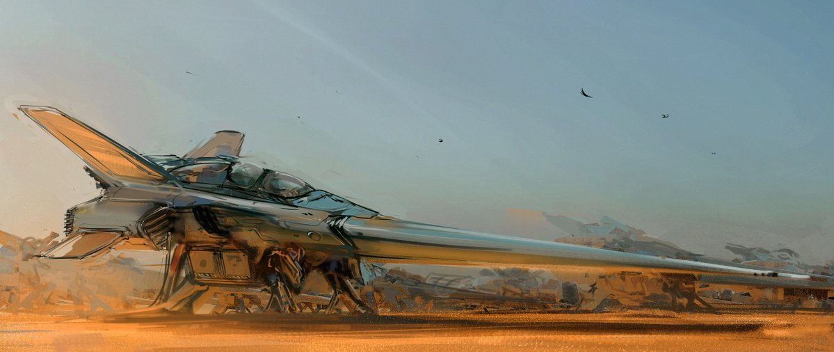 ahi_and_ohi canopy_(aircraft) from_side junkyard no_humans original science_fiction sky solo spacecraft starfighter vehicle_focus