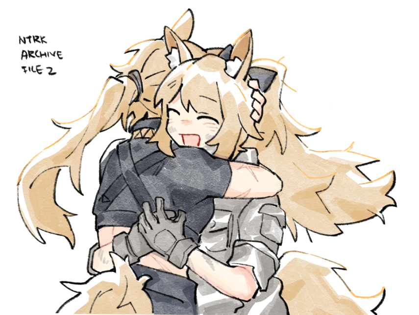 :d ^_^ animal_ear_fluff animal_ears arknights black_bow black_pants black_shirt blemishine_(arknights) bow breast_pocket closed_eyes cropped_shirt dirty dirty_face gloves grey_gloves grey_shirt hair_bow horse_ears horse_girl horse_tail hug long_hair nearl_(arknights) open_mouth pants pocket ponytail shirt short_sleeves siblings sidelocks simple_background sisters smile tail vento white_background