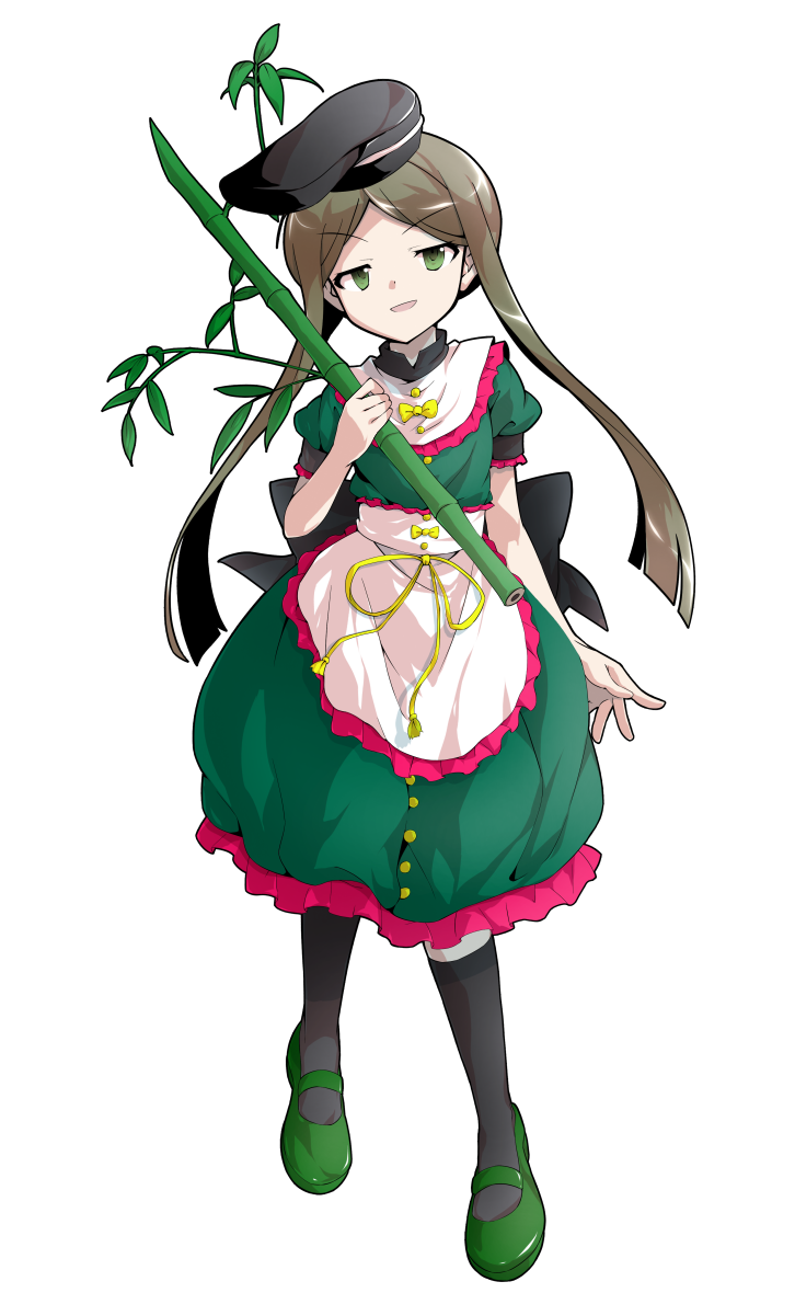 1girl alphes_(style) apron back_bow bamboo bangs black_bow black_headwear black_socks bow brown_hair buttons clip_studio_paint_(medium) commentary_request dairi dress full_body green_dress green_eyes green_footwear hand_up hat leaf looking_at_viewer open_mouth parody puffy_short_sleeves puffy_sleeves shoes short_hair short_hair_with_long_locks short_sleeves simple_background smile socks solo standing style_parody tachi-e teireida_mai touhou transparent_background v-shaped_eyebrows white_apron white_background yellow_bow