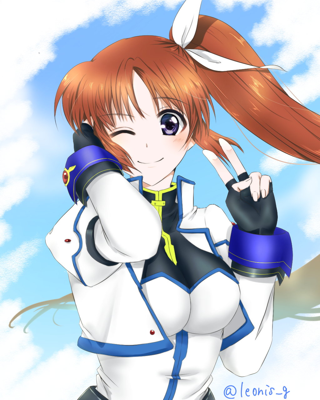 1girl ;) bangs blue_eyes blue_sky brown_hair closed_mouth clouds cloudy_sky cropped_jacket dated day dress hair_ribbon hand_in_own_hair high_collar highres jacket juliet_sleeves leonis_g long_hair long_sleeves looking_at_viewer lyrical_nanoha magical_girl one_eye_closed outdoors puffy_sleeves ribbon side_ponytail sky smile solo takamachi_nanoha twitter_username v valentine white_dress white_jacket white_ribbon wind