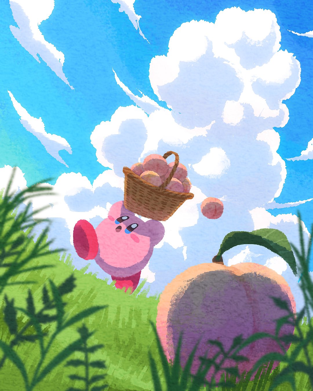 basket blush clouds cloudy_sky day falling food fruit grass grasslands highres kirby kirby_(series) leaf looking_up miclot nature open_mouth outdoors peach running sky solo tongue