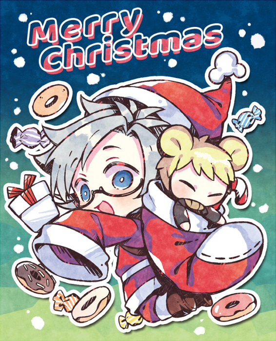 :d animal_ears atou_haruki black_jacket blonde_hair blue_eyes bright_pupils candy chibi chinese_commentary christmas closed_eyes commentary_request doughnut english_text food glasses hat in_container in_sack jacket jin_bao kanou_aogu long_sleeves male_focus merry_christmas mouse_boy mouse_ears no_mouth open_clothes open_jacket ribbed_sweater sack saibou_shinkyoku santa_costume santa_hat short_hair sleeves_past_fingers sleeves_past_wrists smile sweater turtleneck turtleneck_sweater white_hair white_pupils wrapped_candy yellow_sweater